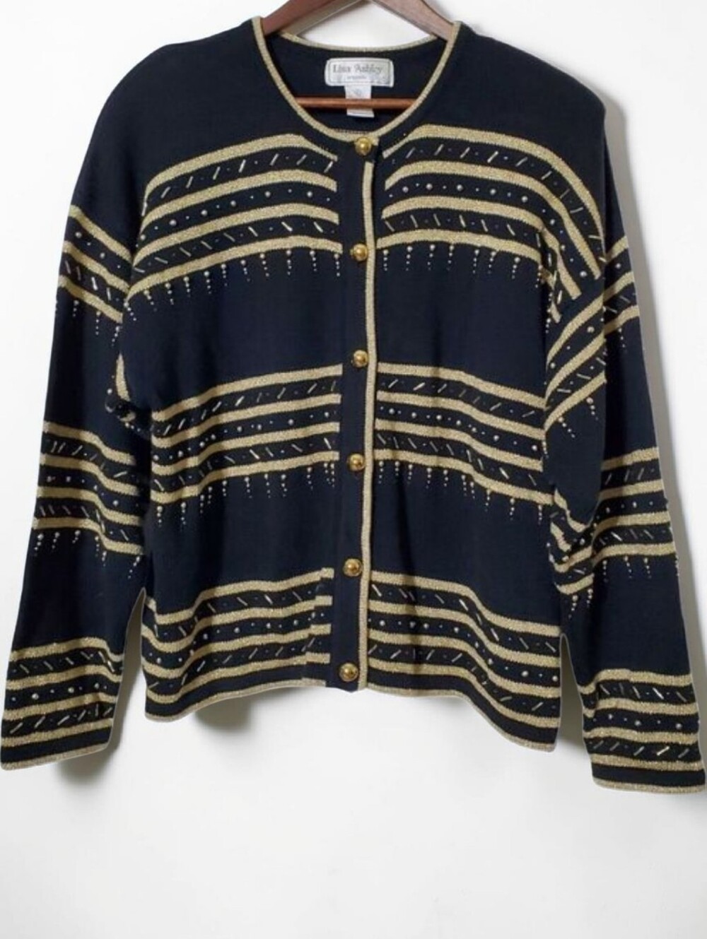 Vintage Lisa Ashley Beaded Metallic Cardigan L Black Gold Sweater Holiday Womens